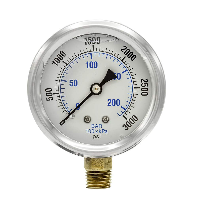 [Australia - AusPower] - PIC Gauges PRO-201L-254P 0-3000 PSI Pressure Gauge, 2 1/2" Dial, 1/4" Male NPT Connection, Bottom Mount, Dual Scale, Glycerin Filled, Stainless Steel Case/Bezel, Brass Internals & Plastic Lens, 0/10000 2.5" 