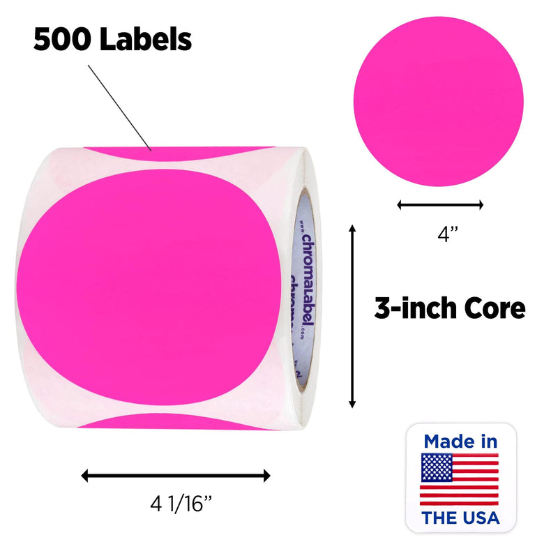 ChromaLabel 4 Inch Round Label Permanent Color Code Dot Stickers, Inventory Labels, 250 Labels per Roll, Fluorescent Pink 4"