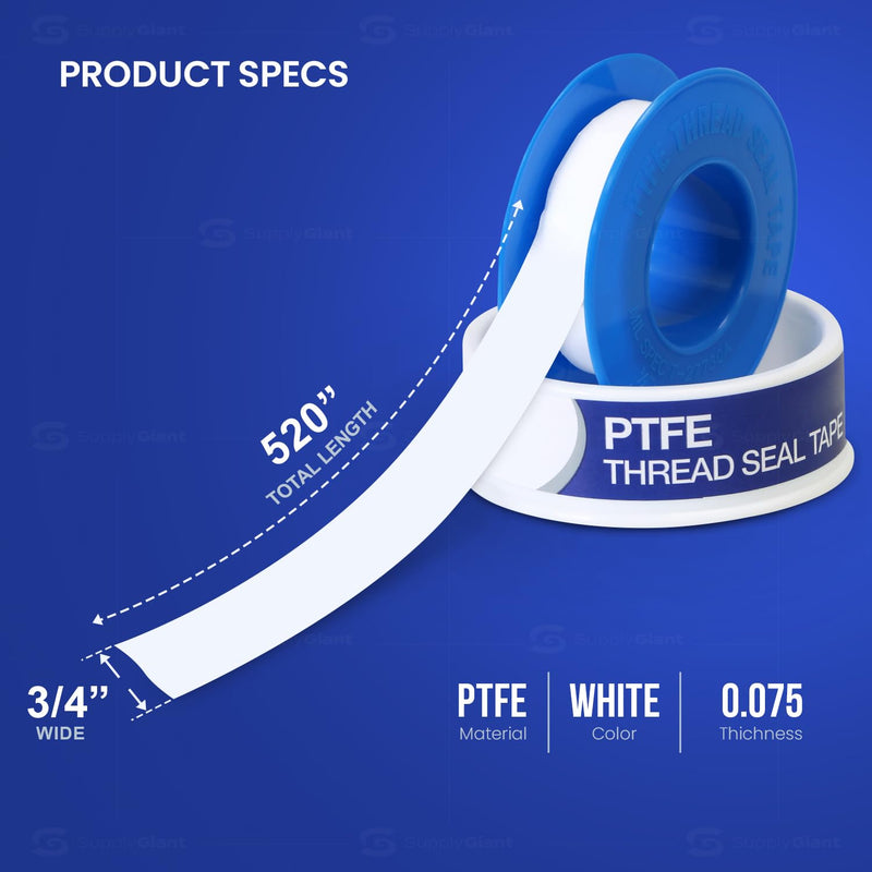Supply Giant Plumbers PTFE Tape 3/4" W x 520" L 10 Rolls Pipe Thread Tape, High Density Thread Sealant Tape Water Seal Plumbing Tape for Shower Head, Pipes, Gas Lines, Leak Prevention 520" Pack of 10