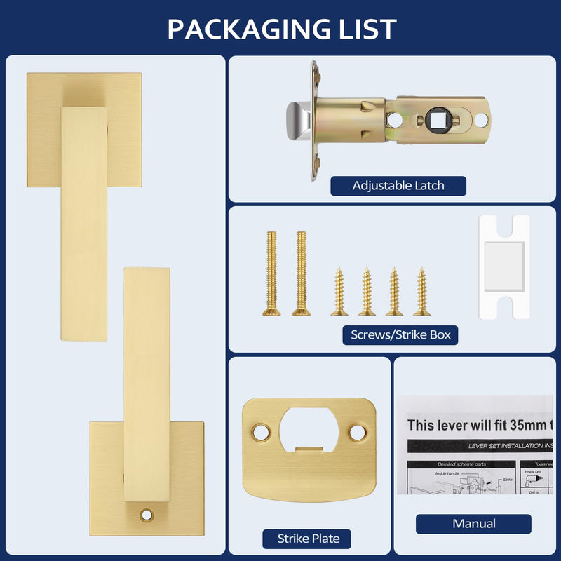 1 Pack Brushed Gold Door Handles, Passage Door Knob Without Lock, Interior Hallway/Closet Door Handle, Keyless Square Door Lever, Left/Right Reversible Satin Brass Passage Door Lever 1