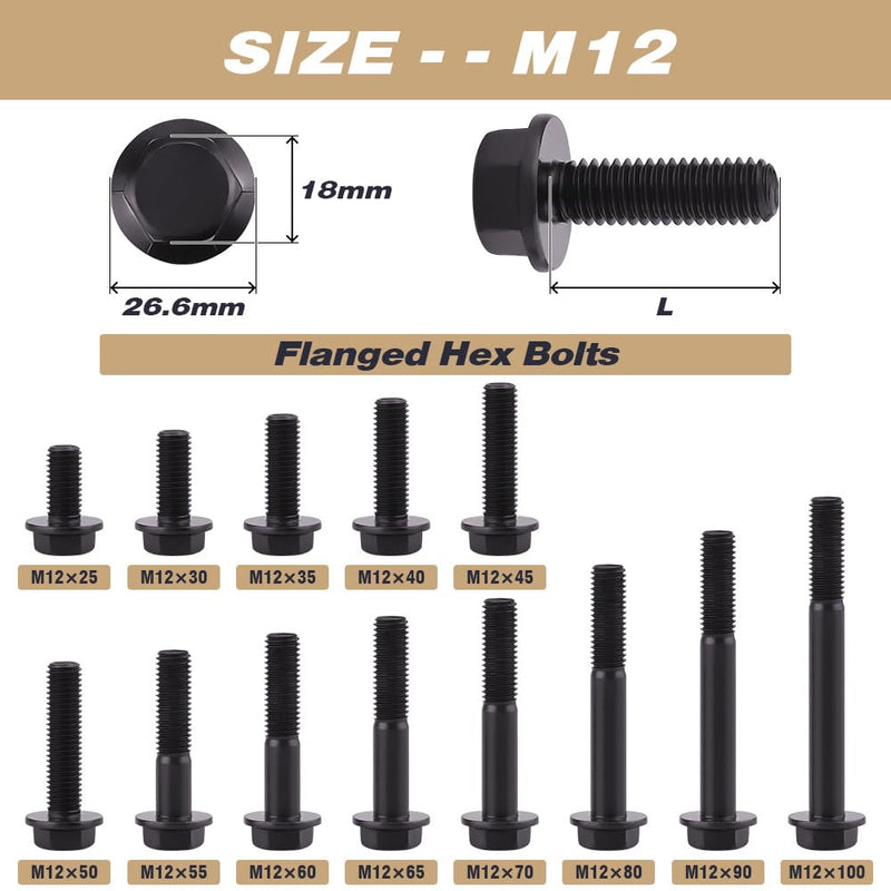 [Australia - AusPower] - M12-1.75 x 45mm (6 pcs) Flanged Hex Bolt Screws Black Oxide Finish, 10.9 Grade Alloy Steel, Large Flange Washer Head Bolt, DIN6921/GB5789, Full Thread M12-1.75 x 45mm 6 