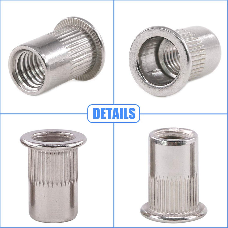 Glarks 126Pcs 304 Stainless Steel M3 M4 M5 M6 M8 M10 Flat Head Threaded Rivetnut Insert Nutsert Rivet Nut Assortment Kit