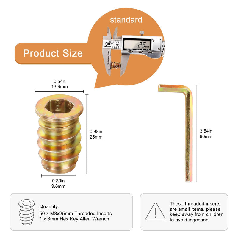 [Australia - AusPower] - M8-1.25 x 25mm Threaded Inserts for Wood, Hex Drive Wood Nut Inserts, Exceptional Threaded Insert Nuts for Furniture, Wooden Products & Models, 50 PCS M8 x 25mm 