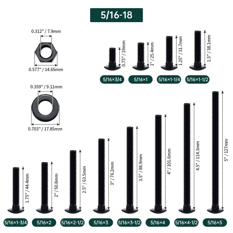 [Australia - AusPower] - 5/16-18 x 1" Black Carriage Bolts with Nuts and Washers Kits (10 Sets), 304 Stainless Steel 18/8, Black Finish, Round Head, Square Neck, Heavy Duty Bolts, Indoor Outdoor Fastening Bolts, Fayeploo 5/16-18 x 1" 