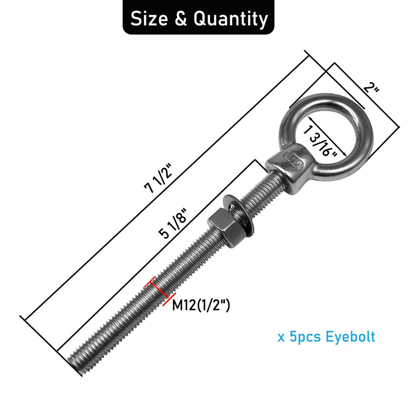 [Australia - AusPower] - Eye Bolts, 2pack 1/2" x 5-1/8" Heavy Duty Shoulder Lifting Ring Threaded Eyebolts with Nuts Washers 316 Stainless Steel Marine Grade Eyebolt M12*130-2pack 