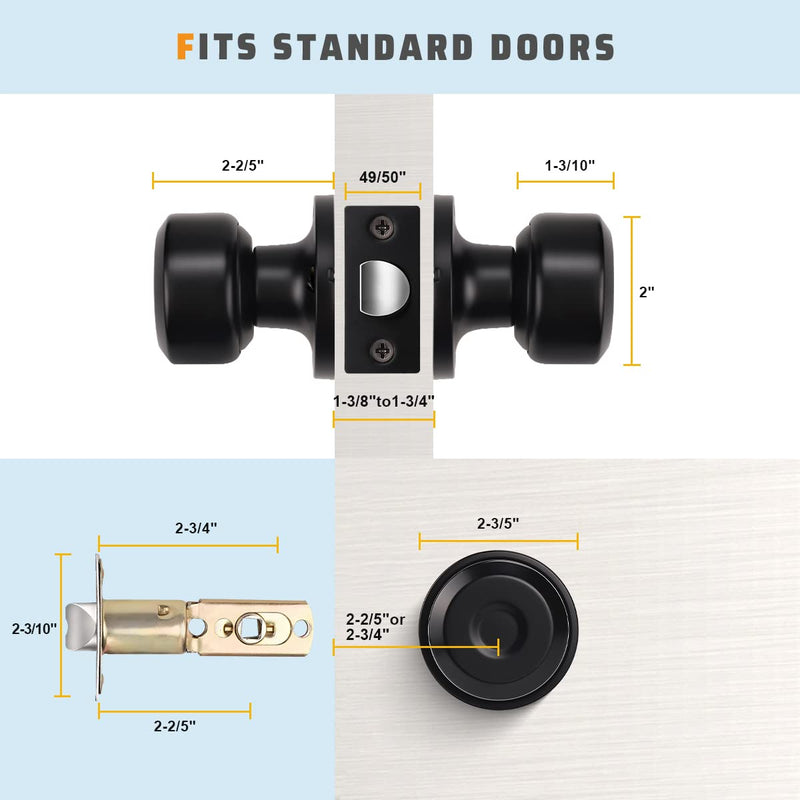 KNOBWELL 2 Pack Matte Black Passage Door Knob Set, Closet and Hallway Door Knobs in Classic Style with Concealed Screws