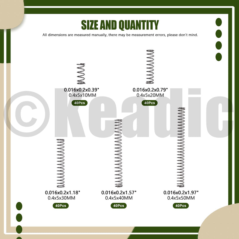 Keadic 200Pcs Mini Stainless Steel Extension Springs Assortment Kit, 0.4mm Wire Dia,5mm Outer Dia, 10mm-50mm Free Length Mechanical Compression Coil Spring Replacement for Household Applications 0.4mm WD Assortment Kit 200