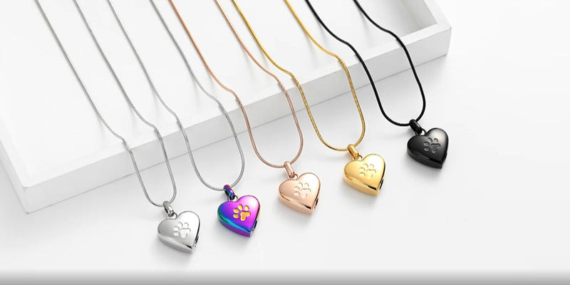 Pet Cremation Jewelry - Paw Print & Heart Urn Pendant Necklace Memorial Keepsake for Dog's & Cat's Ashes Silver