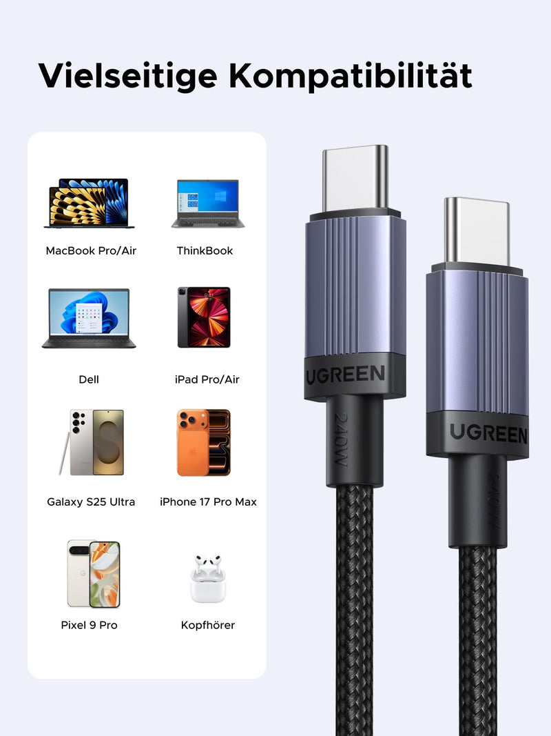 UGREEN USB C Cable 240 W Charging Cable USB-C PD 3.1 Fast Charging Cable | PPS USB C to USB C Cable for iPhone 17/Air/16 Series, MacBook Pro/Air, iPad Pro, Galaxy S26, Steam Deck etc. (2 m, 2 pieces) 2 m