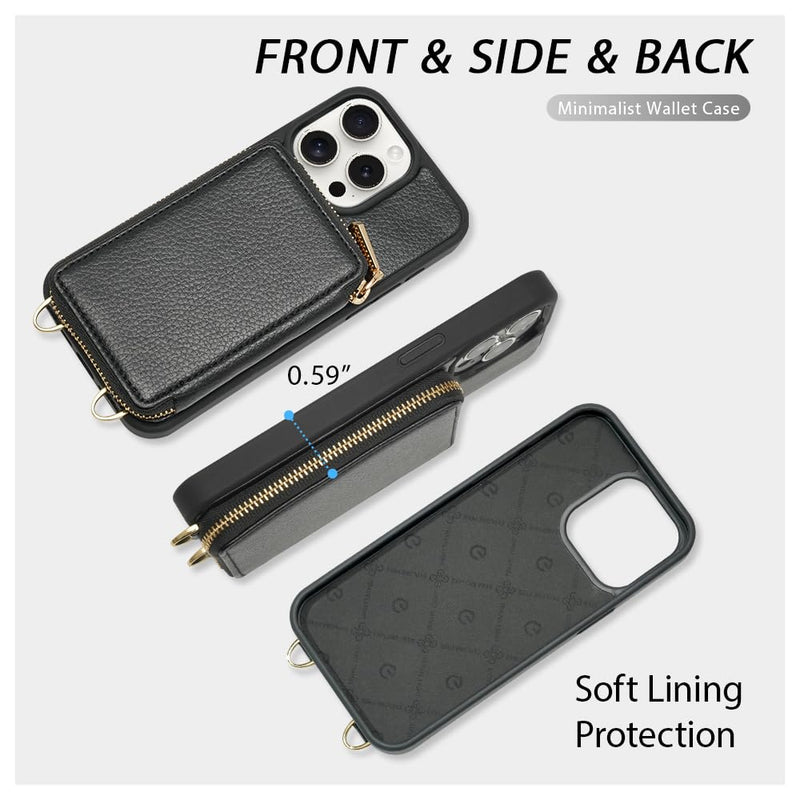 [Australia - AusPower] - ZVE iPhone 13 Pro Max Crossbody Wallet Case, Card Holder Phone Case for Women, Zipper Leather Purse with Wrist Strap, RFID Blocking Cover Gift for iPhone 13 Pro Max (6.7 inch, 2021)- Black iPhone 13 Pro Max, 6.7" 