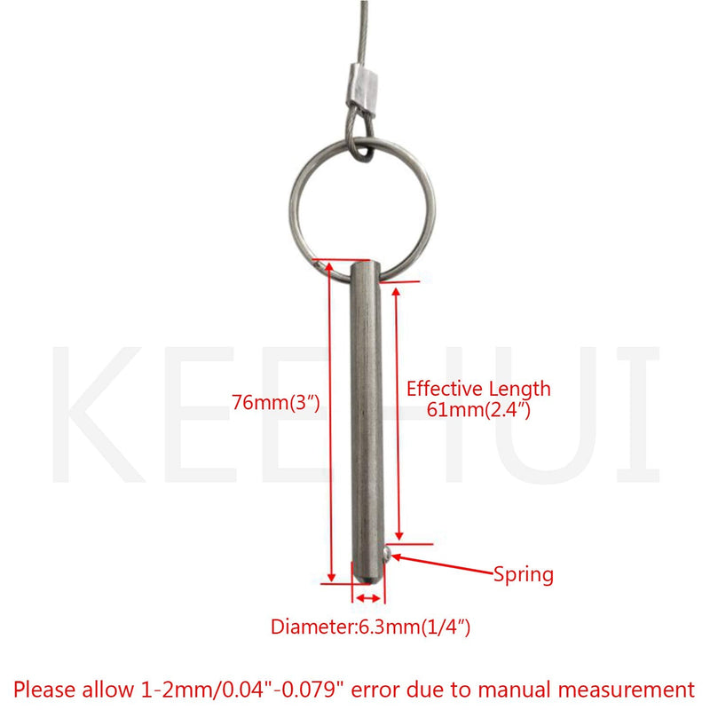 4PIECES of Quick Release Pin 1/4" Diameter, Usable Length 2.4"(61mm), Total Length 3"(76mm) Full 316 Stainless Steel, Bimini Top Pin, Marine Hardware 4PACKS