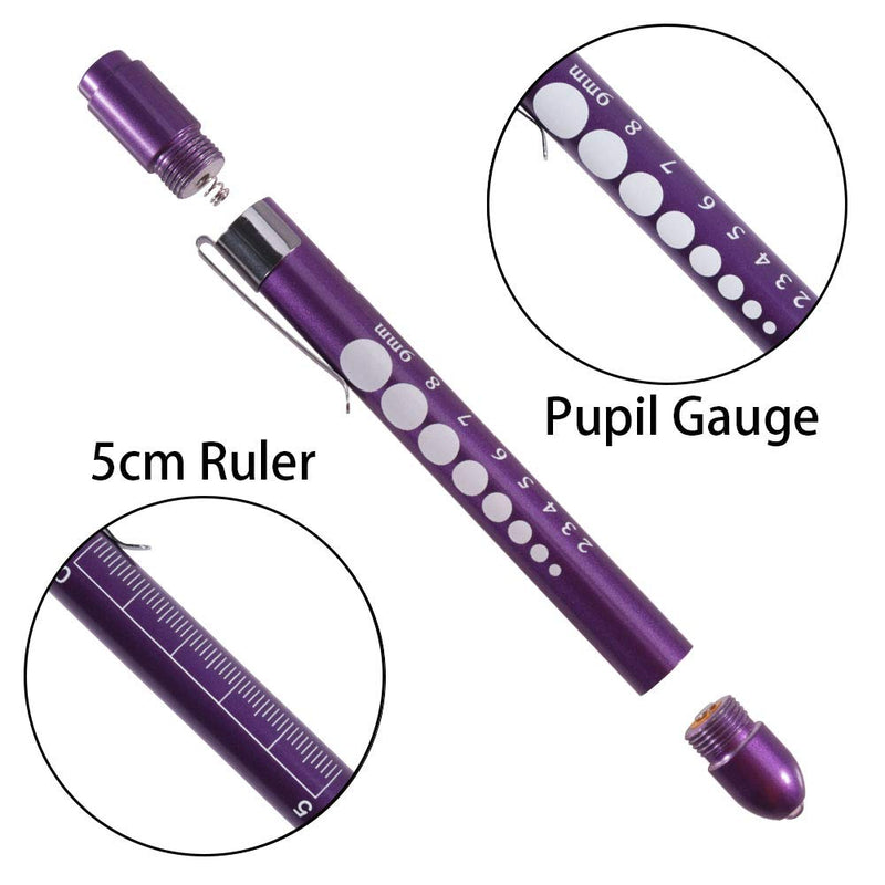Aokin Pen Light with Pupil Gauge, Reusable LED Penlight Medical for Doctor Nurse Diagnostic etc, White Light, Purple and Teal
