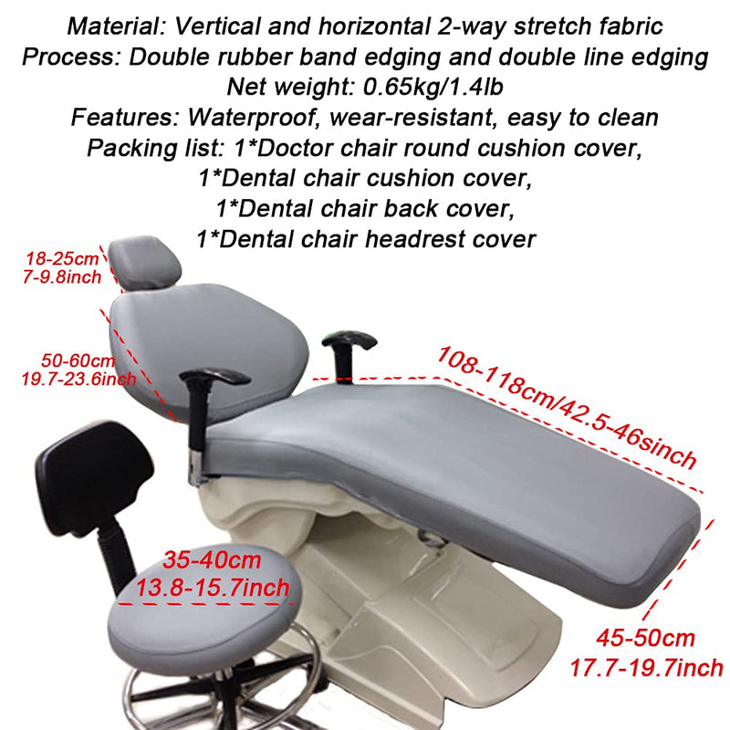 Gray Protective Full Dental Chair Cover Elastic Waterproof Protective Case Headrest Backrest Protector Dentist Equipment, 4Pcs/Set