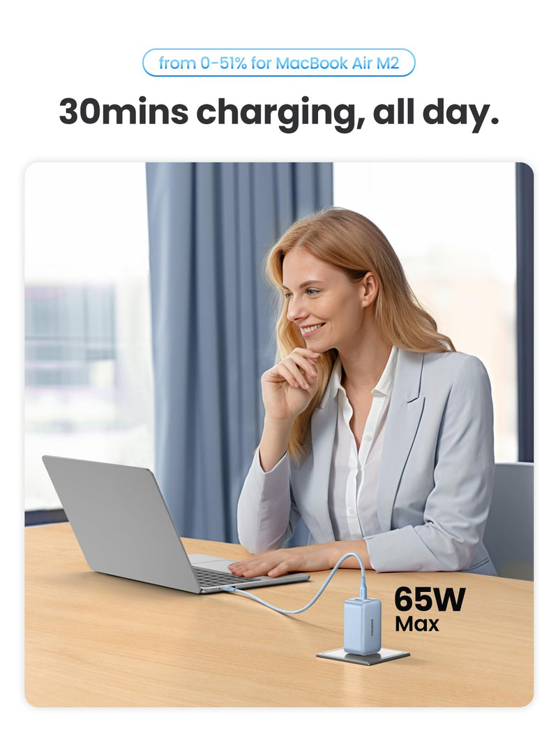 [Australia - AusPower] - UGREEN 65W USB C Charger, Nexode 3 Ports GaN Fast Charger Block, Compact Foldable Charger for MacBook Pro/Air, Dell XPS, iPhone 15 Pro Max/14/13, iPad Pro, Galaxy S23, Pixel 7 (Glacier Blue) Glacier Blue 