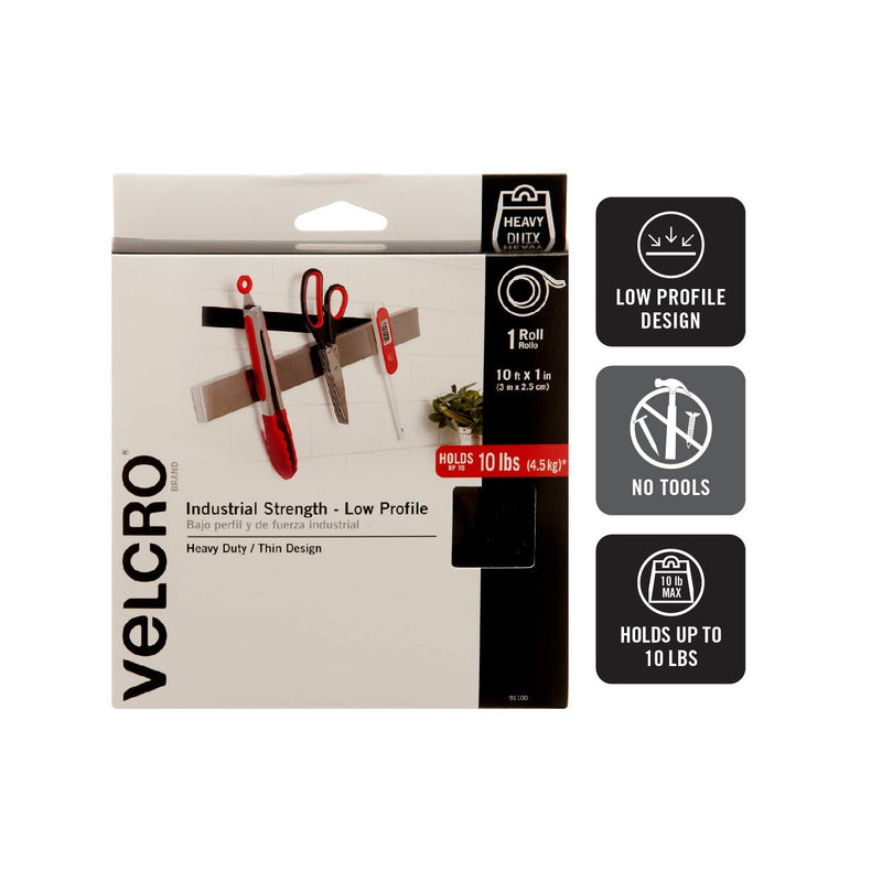 [Australia - AusPower] - VELCRO Brand - 91100 Industrial Strength Low Profile Fasteners – Heavy Duty Professional Hold with a Flush Surface to Surface Mount - Holds up to 10 lbs. - 10ft x 1in Roll Tape, Black 