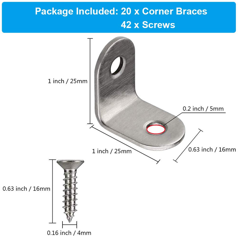 [Australia - AusPower] - 20 PCS Corner Braces 25mm x 25mm Stainless Steel 90 Degree Joints Right Angle Bracket L Shaped Corner Brackets Fastener for Wood Furniture, Screws Included 25*25mm/ 1in 20 
