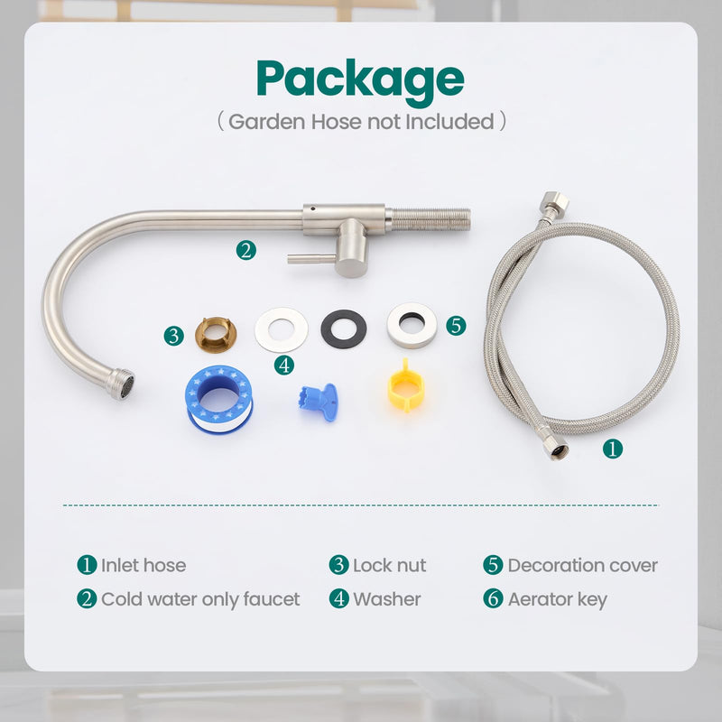 Cold Water Faucet Only – Brushed Nickel Stainless Steel Single Hole Faucets High Arc Utility Sink Faucet for Laundry, Outdoor, 3/4'' Thread End Garden Hose Adapter