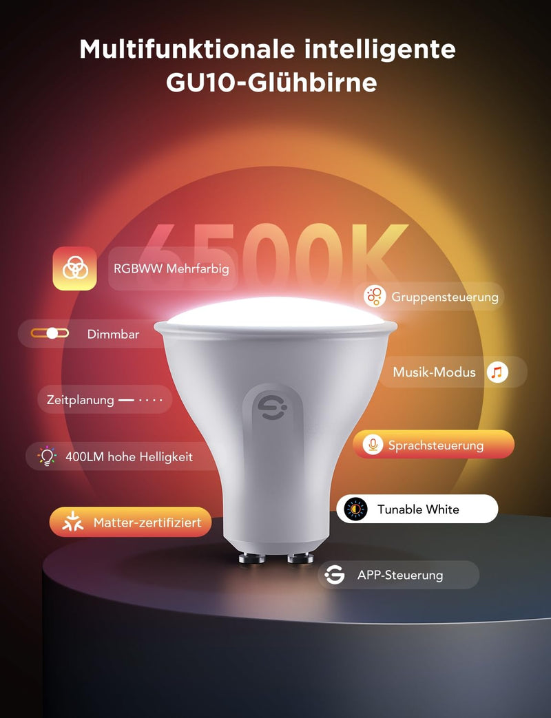 Govee GU10 Light Bulb, LED, RGBWW, Smart Bulb, Works with Matter, Alexa, Google Home, 400 lm, Wi-Fi, LED Lamp, Dimmable, Color-Changing, 56 Scenes, Synchronization with Music, Pack of 4