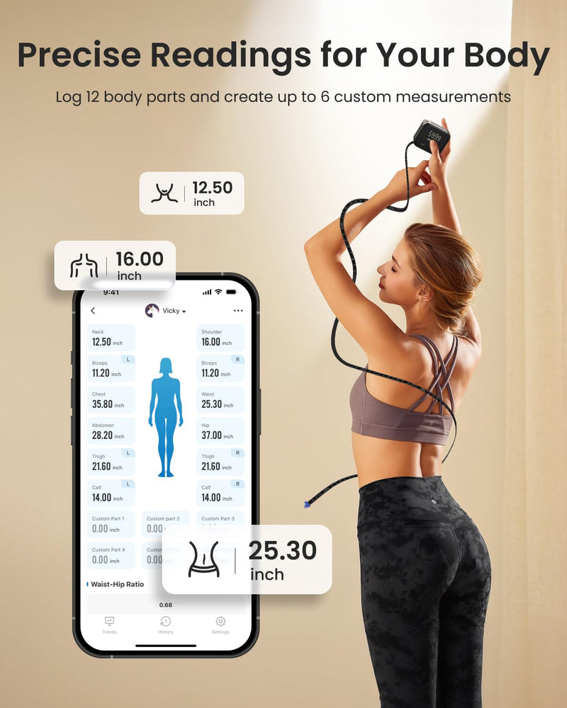 [Australia - AusPower] - RENPHO Smart Scale for Body Weight, RENPHO Smart Body Measuring Tape, Rechargeable Tape Measure with LED Display 