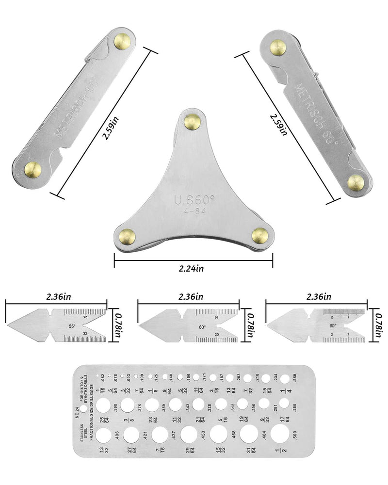 [Australia - AusPower] - 7 PCS Screw Thread Pitch Cutting Gauge Tool Set for Industrial Measurement, 3 PCS Center Gage 1 PC Drill Gauge, 1 America Type 1 Metric America Type 1 Metric Imperial US, Stainless Steel 