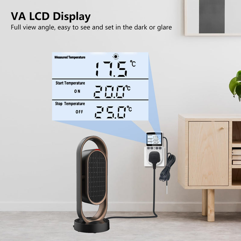 [Australia - AusPower] - KT3100BL Digital Temperature Controller Outlet Socket VA LCD Display Plug in Thermostat 15A 120V Output with Blue Backlight 3m Temperature Sensor KT3100BL Blue backlight 