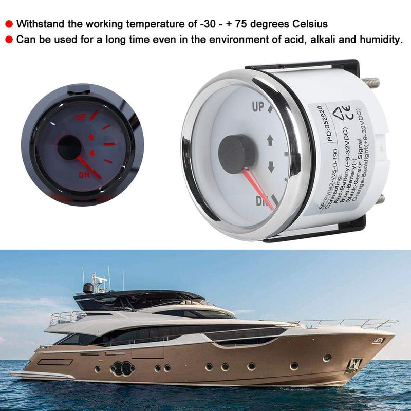 [Australia - AusPower] - Boat Trim Gauge, 52mm/2in Stainless Steel UP-DN Boat Trim Gauge 0-190ohm Trim Tilt Indicator Red Backlight (White Dial Silver Frame) White Dial Silver Frame 