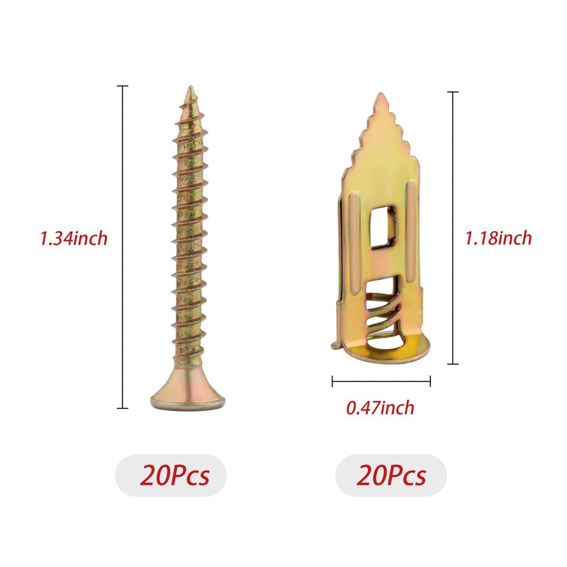 [Australia - AusPower] - 40Pcs Self Drilling Drywall Anchors and Screws Kit - Zinc Plated Steel Wall Anchors for Drywall Heavy Duty, No Drill Or Holes in Wall, for TV, Shelf Straps, Cabinets (20PCS Screws and 20PCS Anchors) 