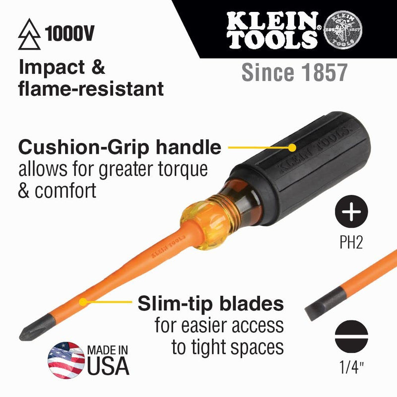 [Australia - AusPower] - Klein Tools 33732INS 1000V Slim Tip Insulated Screwdriver Set, #2 Phillips and 1/4-Inch Cabinet Tips, Cushion Grip Handle, 2-Piece 2-Piece Set 