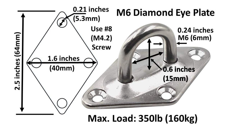 Heavy Duty Hammock Kits & Ceiling Hook Diamond Pad Eye Plates, 304 Stainless Steel & Black Zinc Galvanized Steel Corrosion Resistant, 2, 4 & 8 Packs 8-Pack-Silver-M6