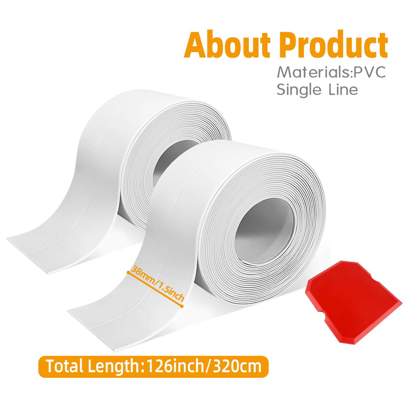 White Caulk Tape, 2 Rolls Waterproof Self Adhesive Bathroom Caulk Strip, 1.5" x 10.5Ft Caulking Sealant Tape for Kitchen Sink, Bathtub, Toilet Base and Wall Edge with Sealing Tool White