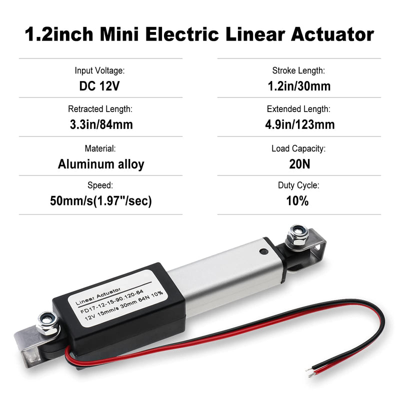 [Australia - AusPower] - NORJIN 12V Mini Electric Linear Actuator 1.2 inch Stroke, Speed 0.6inch/s, 60N/14lb, Waterproof Linear Motion Actuator w/Mounting Brackets for Cabinet, Window Opener, Robot Projects Small 