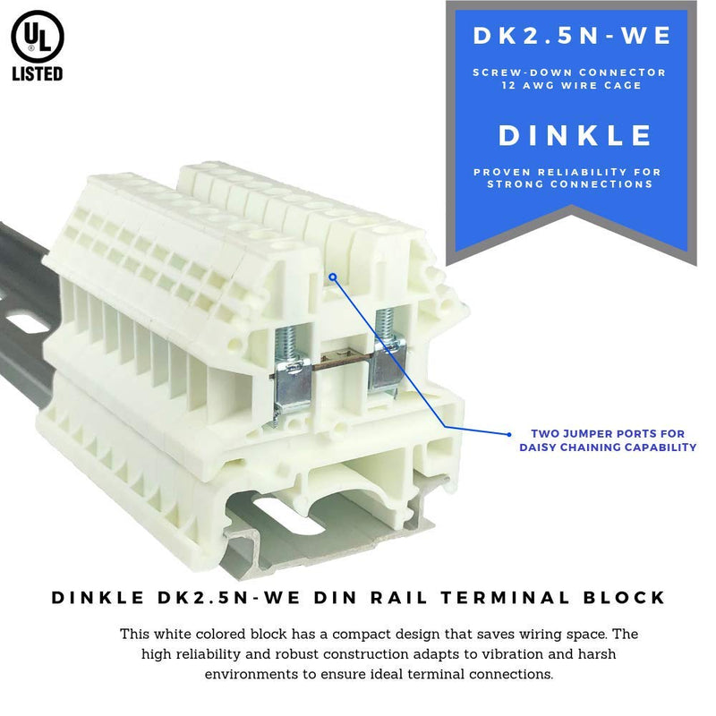 [Australia - AusPower] - Dinkle White DK2.5N-WE DIN Rail Terminal Block Screw Type UL 600V 20A 12-22AWG, Pack of 100 