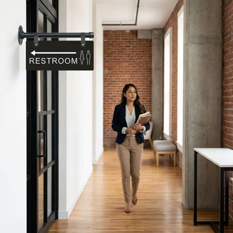 Double Sided Restroom Sign with Arrow, Wall Mount Unisex Bathroom Directional Sign with Metal Pipe Rod, Black, 11x4.7 Inch, Easy Install with Hanging Straps for Business Office & Public Hallway Bathroom (Black, Restroom)