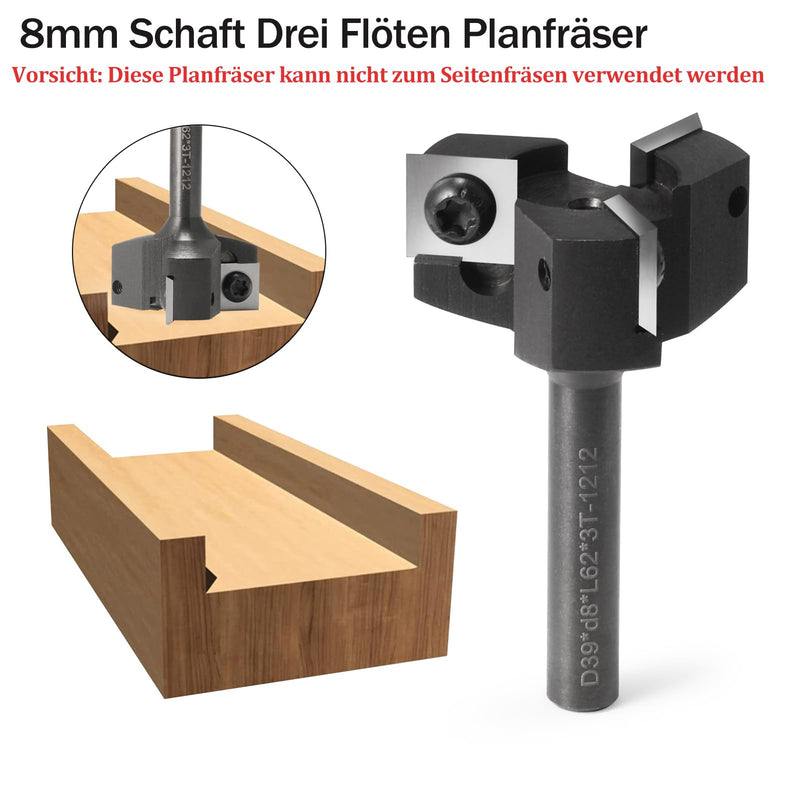 [Australia - AusPower] - Face Milling Cutter 8 mm Shank 3 Flutes with 10 Interchangeable Carbide Blades (12 x 12 x 1.5 mm) for Wood Diameter 39 mm, Professional Face Milling Cutter for Routers and CNC Machines (D=39 S=8) S=8,D=39 