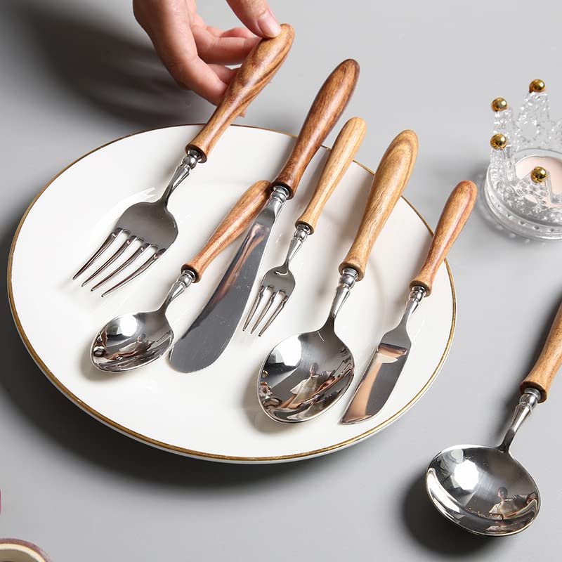 16 PCS Stainless Steel Flatware Set with Wood Handle, Family Cutlery Set for 4, Dinnerware Set with Spoon Fork Knife, PearWood Handle Silverware Utensils, Mirror Polished 16 pieces for 4