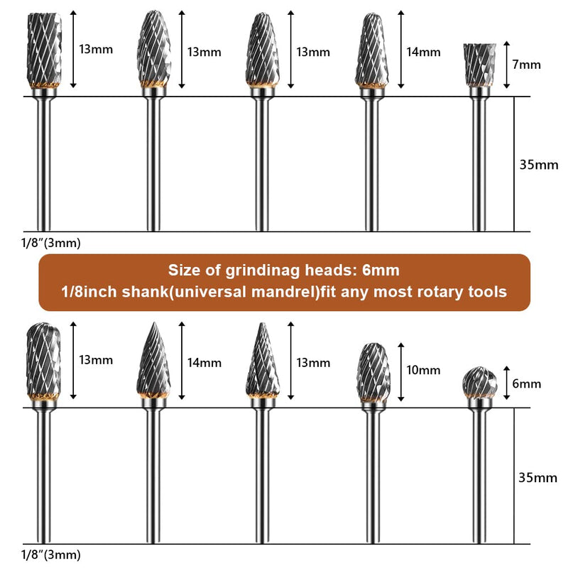 [Australia - AusPower] - Carbide Burr, Tungsten Carbide Rotary Cutter Set 3 mm Shank 6 mm Grinding Head Carving Cutter for Woodworking Carving Metal Polishing Engraving (Pack of 10) 