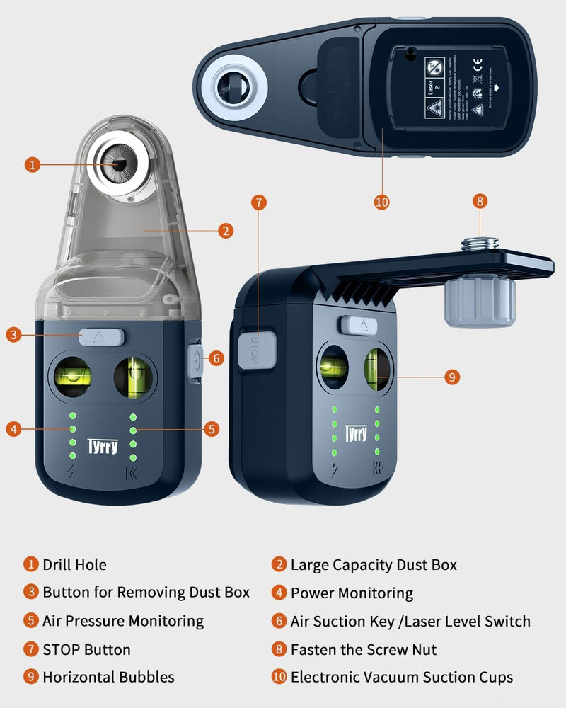 [Australia - AusPower] - Tyrry 4-in-1 Laser Spirit Level with Cross Spirit Level, Drilling Dust Collector, Wall Mount, Electronic Vacuum Suction Cup, Leveling Tool, Perfect for Hanging Pictures, Painting and Home Renovations Blue 
