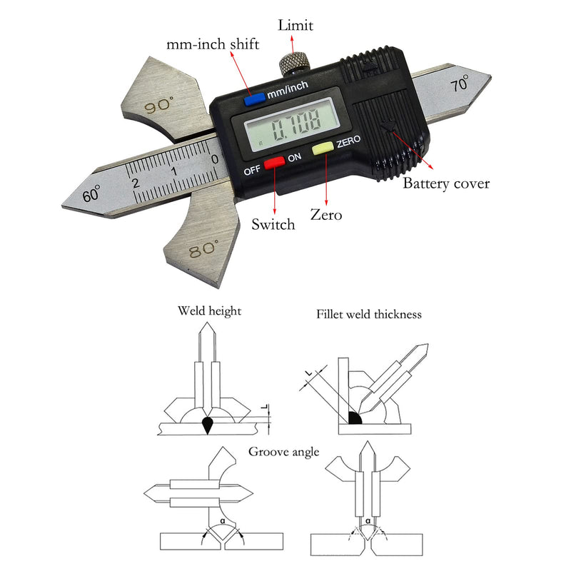 RIVERWELD Digital Readout Welding Gauge Weld Test Ulnar 4 Angle Display on Body: 60°, 70°, 80°, 90° Reading Inch, Metric, Inch Fractional Checks Weld Height Fillet Thickness Bevel Angle Digital reading meter