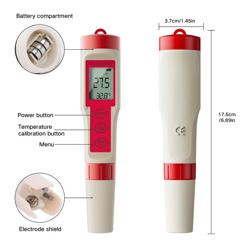 [Australia - AusPower] - ZuanXin TDS Tester, 4 in 1 Tester with PH/TDS/EC/Temp, Pool PH Tester for Drinking Water, Swimming Pools, Hot Tubs, and Spas(red and White) red 