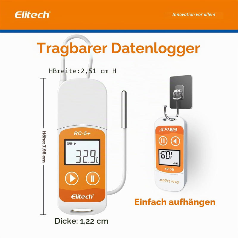 Elitech RC-5+ TE Temperature Data Logger Reusable Recorder 32000 Points PDF & CSV USB High Accuracy with Calibration Certificate Temperature Logger External Probe 1