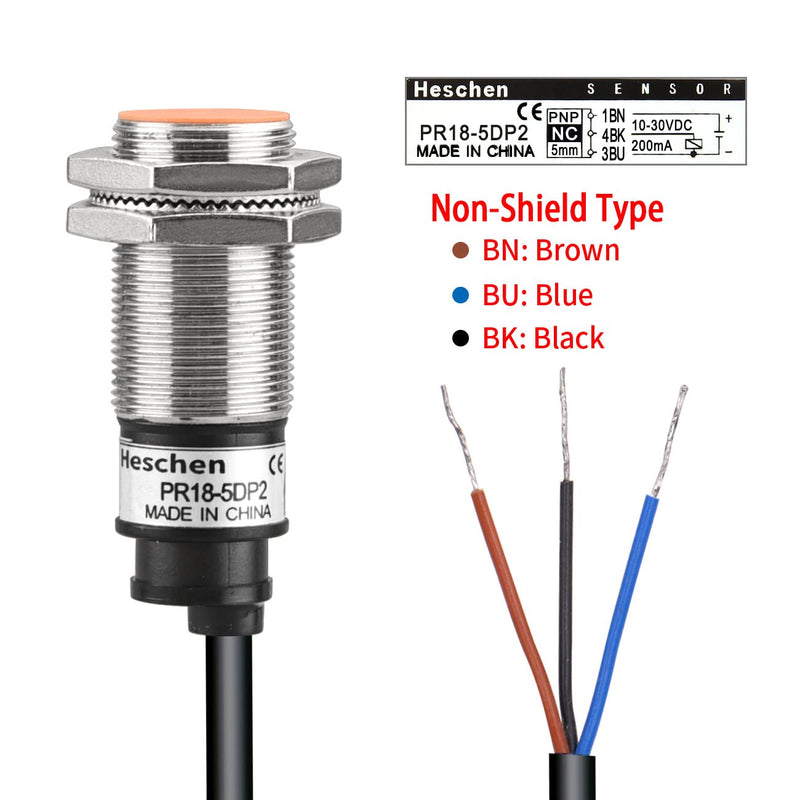 [Australia - AusPower] - Heschen Inductive Proximity Sensor Switch, PR18-5DP2, Cylindrical Type, 5mm Sensing, M18 Round, 12-24VDC 3-Wire, Shielded, PNP, NC(Normally Closed) 