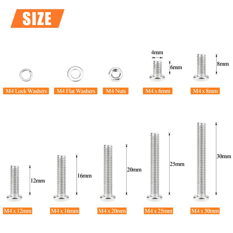 [Australia - AusPower] - 370 Pieces M4 x 6mm /8mm /12mm /16mm /20mm/25mm /30mm, Phillips Pan Head Machine Screws, Metric Screws Bolts Washers Nuts Kit, 304 Stainless Steel 