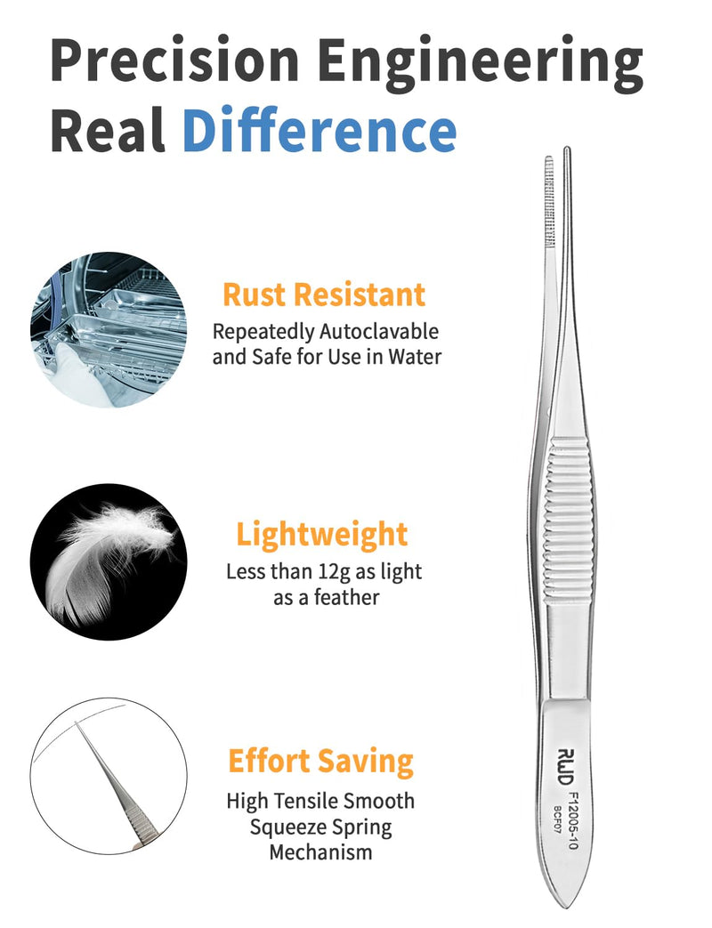 [Australia - AusPower] - RWD IRIS Dressing Forceps 4", Martensitic Stainless Steel Medical Tweezers, 1mm Width Serrated Straight Tip, Micro Forceps Tweezer, Surgical Tweezer for High-Precision Handling (F12005-10) 4'' (F12005-10) 