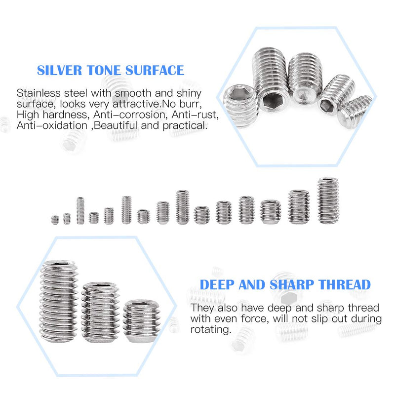 [Australia - AusPower] - Glarks 420Pcs M3/M4/M5/M6/M8 Allen Head Socket Set Screw, 304 Stainless Steel Internal Hex Drive Grub Screw Assortment Kit 