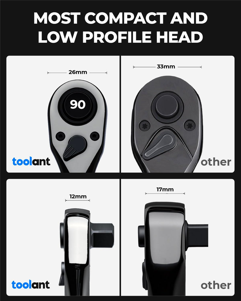 toolant 3PCS Ratchet Wrenches Set, 90-Tooth Compact ratchet sets 1/4", 3/8", 1/2", 4° Swing, Black Titanium Finish with Reversible Quick Release for Men Mechanic Hand Tools Fix-head Ratchet