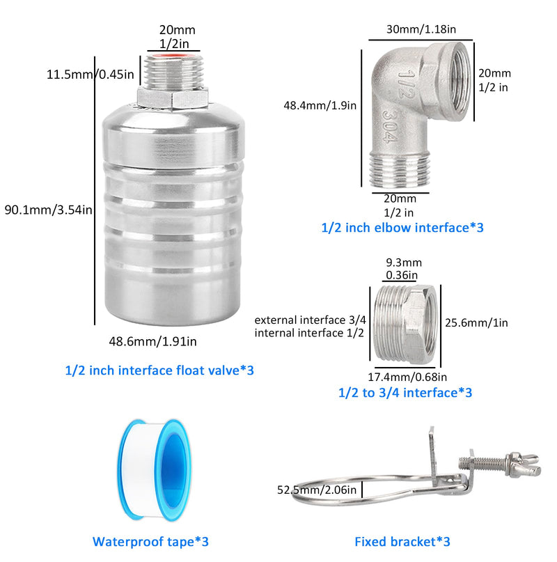 [Australia - AusPower] - Automatic Water Float Valve, 1/2 to 3/4 Inch Connection Types, Stainless Steel 304 Fully Automatic Water Shut off Float Valve for Water Tank, Pool, Livestock Trough (2 Pack) 