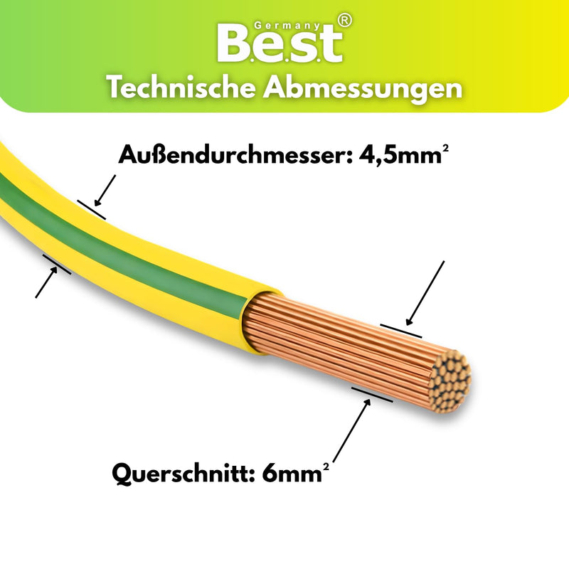 Grounding Cable 10 m 6 mm² Green/Yellow Flexible - PVC Core Cable H07V-K for PV Systems, Wiring Cable, Installation Cable, Fine Wire Copper Wire, Protective Conductor NYAF, Durable & Heat Resistant | Flexible H07V-K Kupferlitze 6mm² für Potentialausgle...