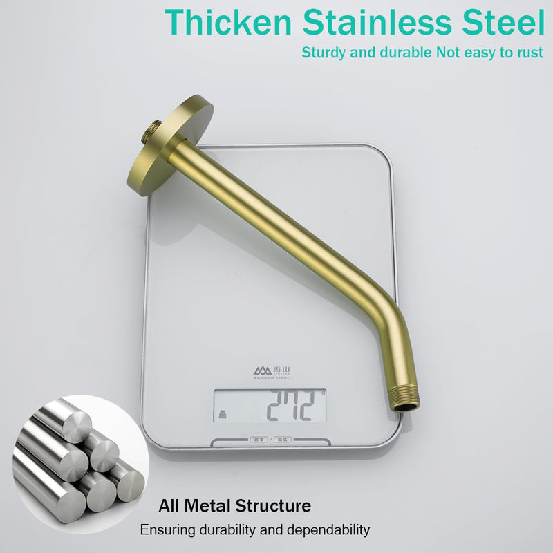 10 Inch Shower Arm with Large Flange,Brushed Gold Wall-Mounted Stainless Steel Shower Pipe Replacement for Fixed and Handheld Shower Heads,SE-RD91018-10BG Round Flange-10″Brushed Gold