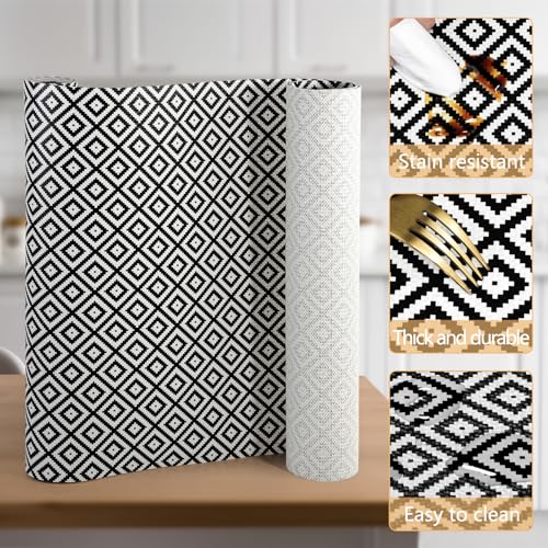 Drawer Shelf Liner Non Adhesive, Slip Resistant Easy to Clean Protect Kitchen Mats Thickened Strong Grip for Cabinet, Pantry, Tool Box, Cupboard, Dresser, Bathroom (Black and White, 17.5 in x 30 FT) Black 17.5"W x 360"L