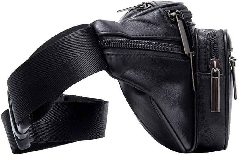 [Australia - AusPower] - Fanny Pack Waist Bag Multifunction Genuine Leather Hip Bum Bag Travel Pouch for Men and Women- Multiple Pockets & Sturdy Zippers Ideal for Hiking Running And Cycling Black 